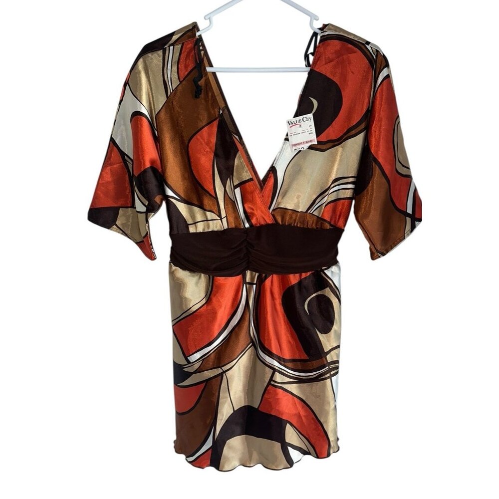 Y2K NWT VTG Rosegeranium V Neck Babydoll Top Sz XL Orange Brown Mod Fairy Satin